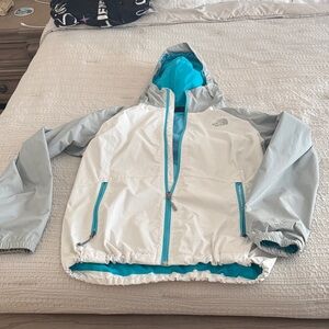 The North Face White and Gray Windbreaker with Teal Accents